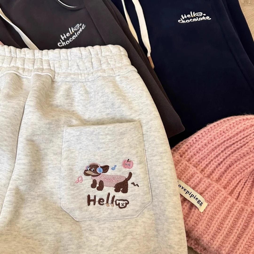 新款奥粒绒小狗刺绣休闲裤ol卫裤秋冬休闲百搭洋气加绒加厚女卫裤