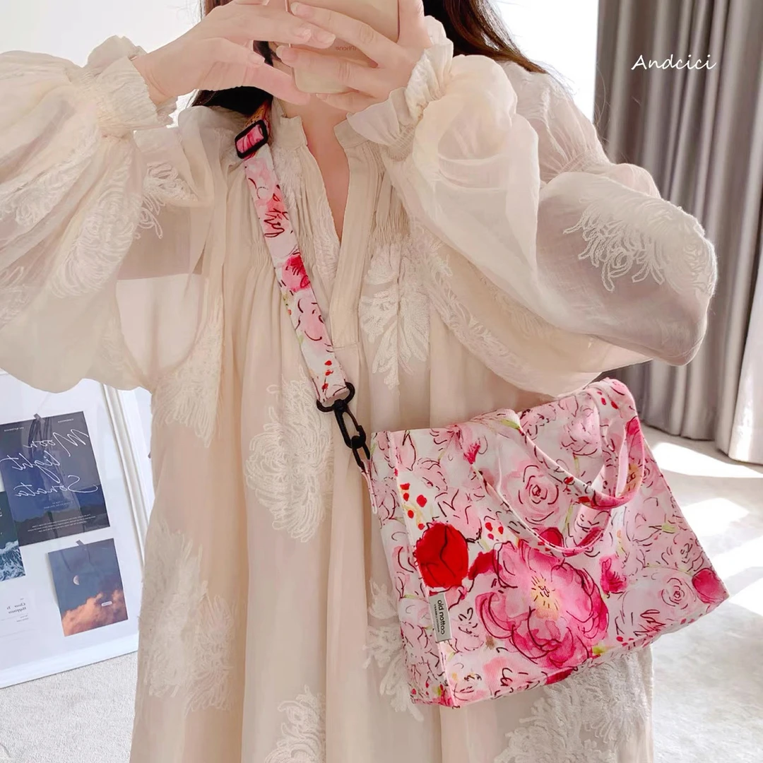 ANDCICI@弗洛花室~法式花朵斜挎包~拉链单肩手提包女包通勤帆布包