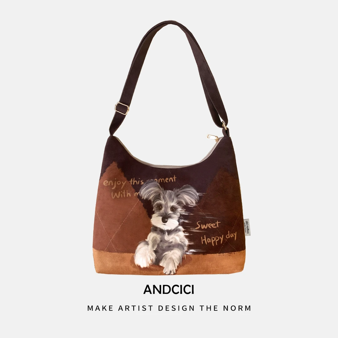 设计师2025新款~雪纳瑞小狗拉链斜挎包单肩包手提包上班通勤书包