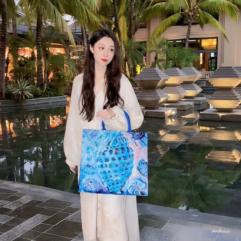 限定网红款@油画海螺~有拉链防水单肩包手提包旅行包购物袋托特包