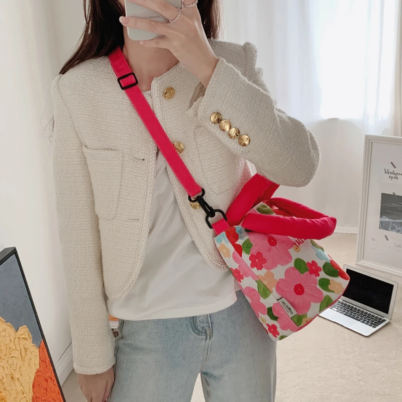 ANDCICI设计师原创~花开富贵棉棉水桶包斜挎包女单肩包帆布手提包