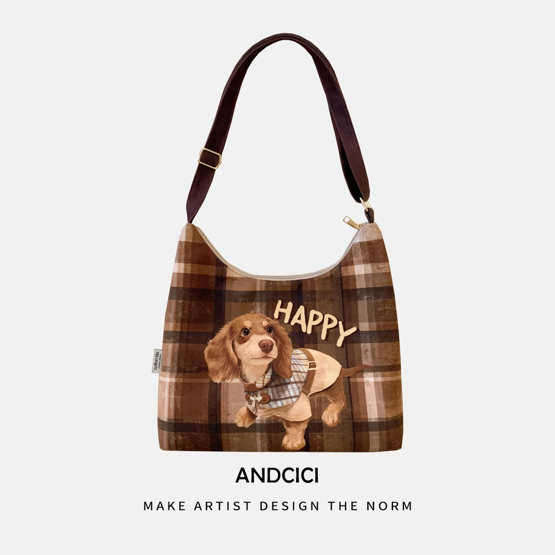 设计师新款！原创格纹复古小狗！拉链斜挎包单肩手提包上班通勤书包