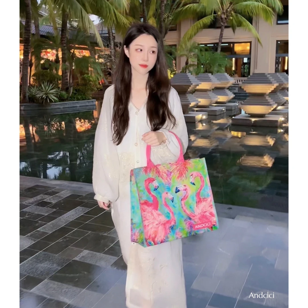 网红款@火烈鸟油画防水~有拉链大容量单肩包旅行收纳购物袋手提包