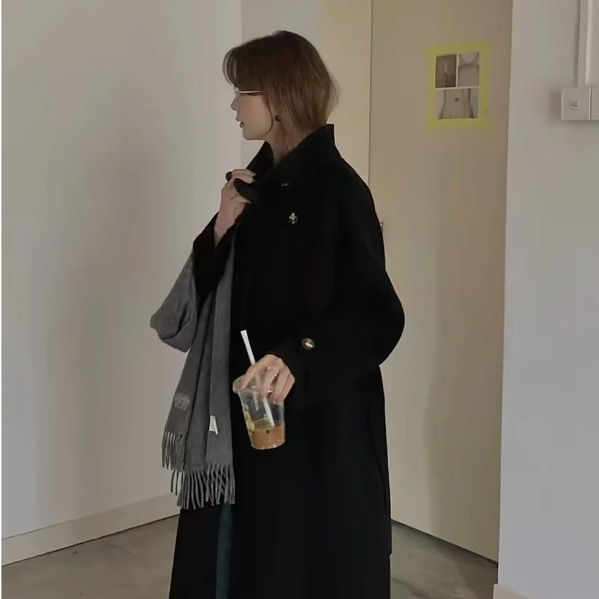 韩版宽松2024秋冬新款百搭长款高领高端收腰系带显瘦羊毛大衣外套