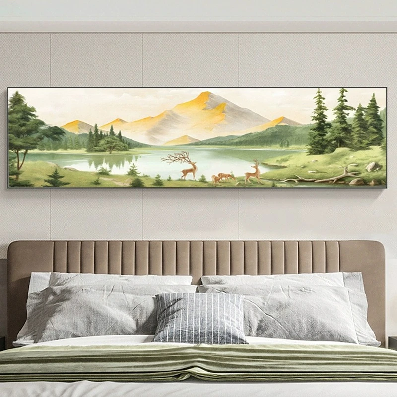 现代山水客厅装饰画油画横幅酒店卧室床头挂画青山绿水主卧乡村风
