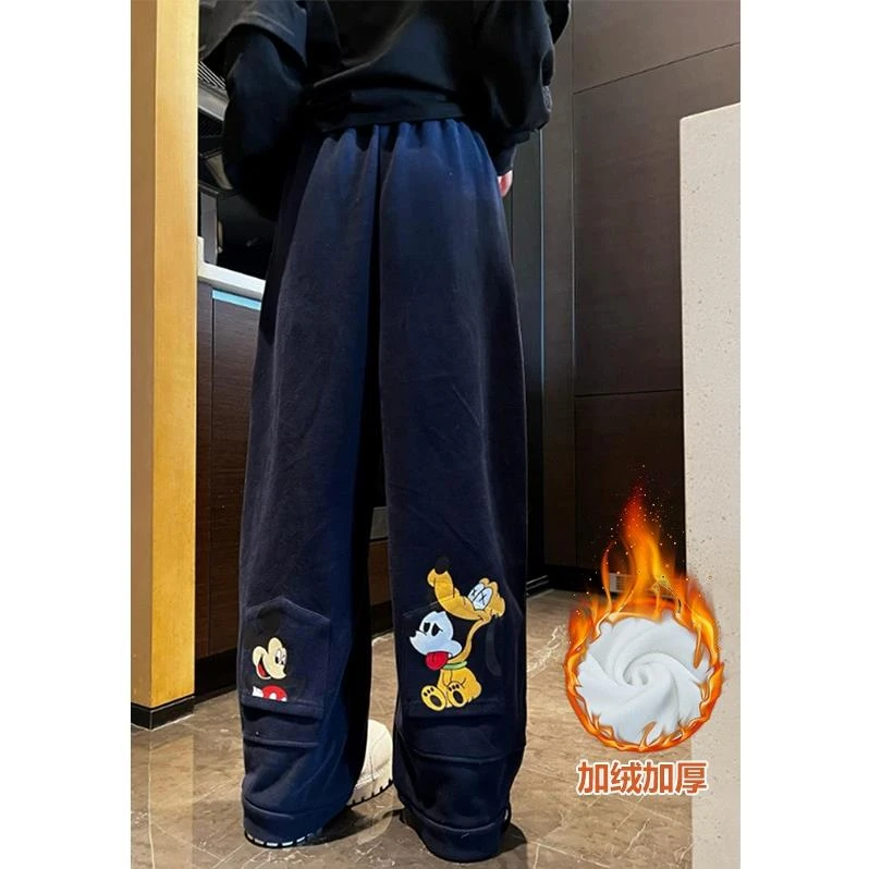 韩国东大门印花米奇加绒卫裤女冬季新款百搭洋气宽松直筒阔腿裤潮