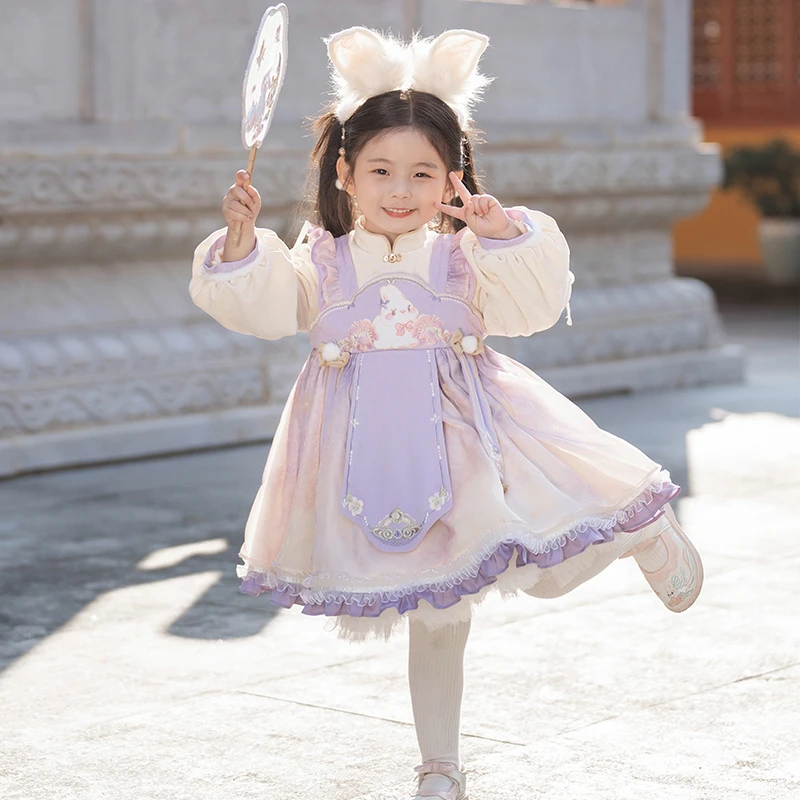 【兔吱吱】汉服女童冬装宝宝可爱中国风洛丽塔紫色连衣裙儿童唐装