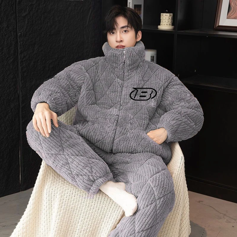 【超厚树皮绒】睡衣男冬季三层夹棉加厚保暖高领套装棉袄外穿家居服