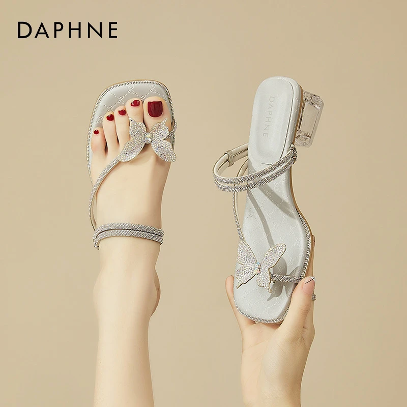 达芙妮品牌法式凉鞋女款夏季水钻蝴蝶结气质百搭外穿水晶跟凉拖鞋