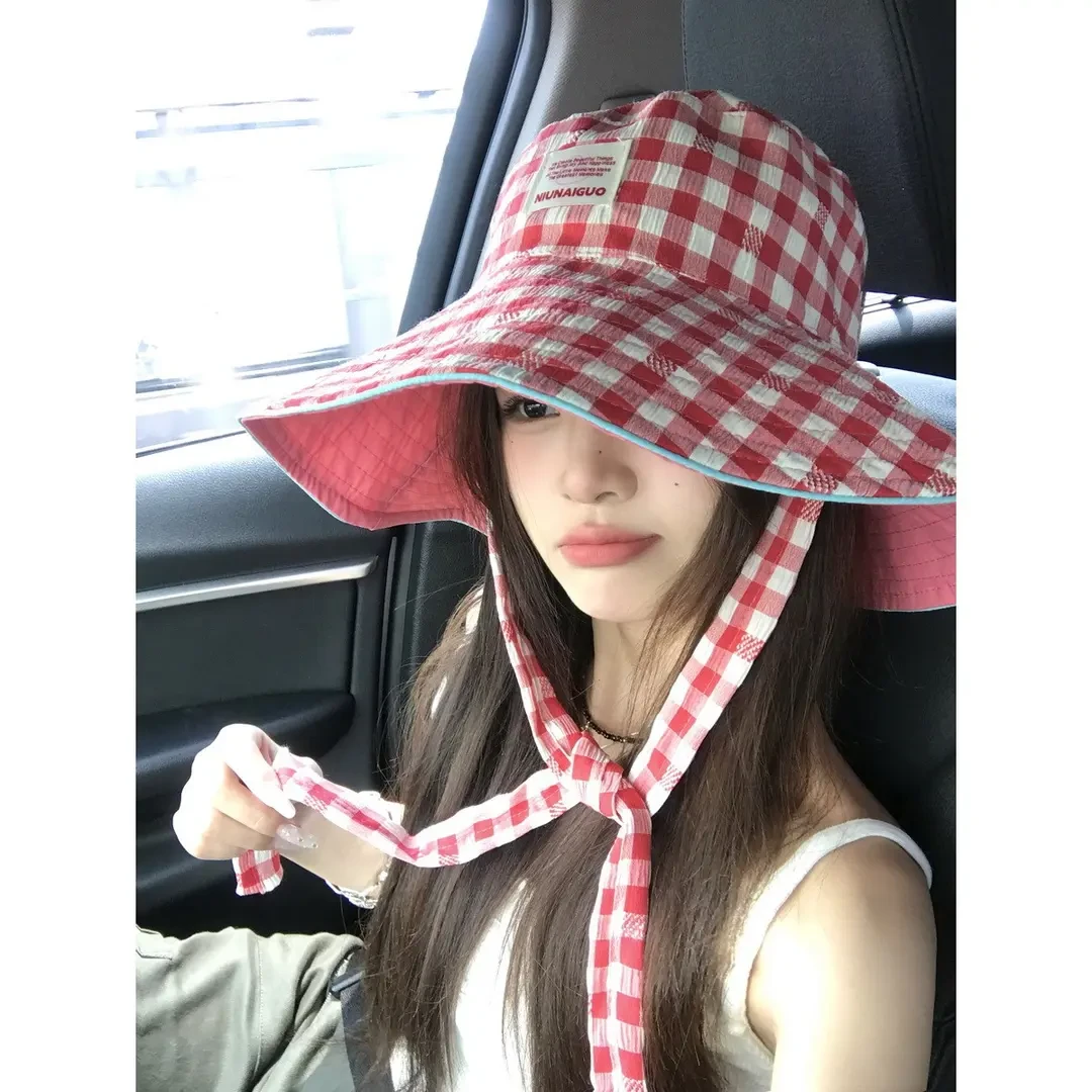 双面戴夏季帽子女户外出游格子渔夫帽女大帽檐可折叠遮阳盆帽潮流