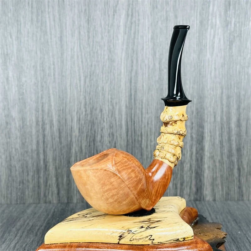 俄罗斯  艾拉洛夫手工烟斗石楠木原木色象足竹节弯