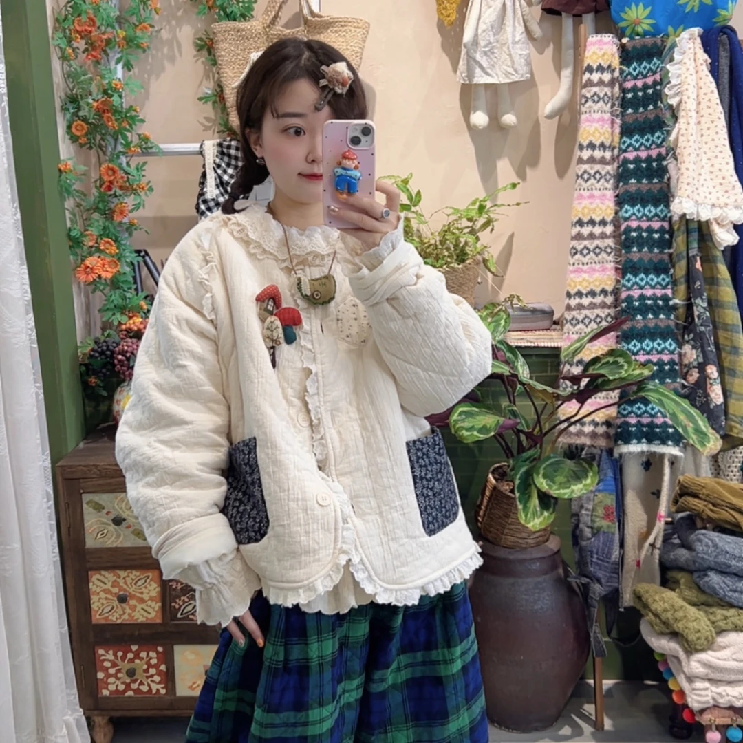 花小花自制秋冬保暖棉纱花边贴布薄棉衣