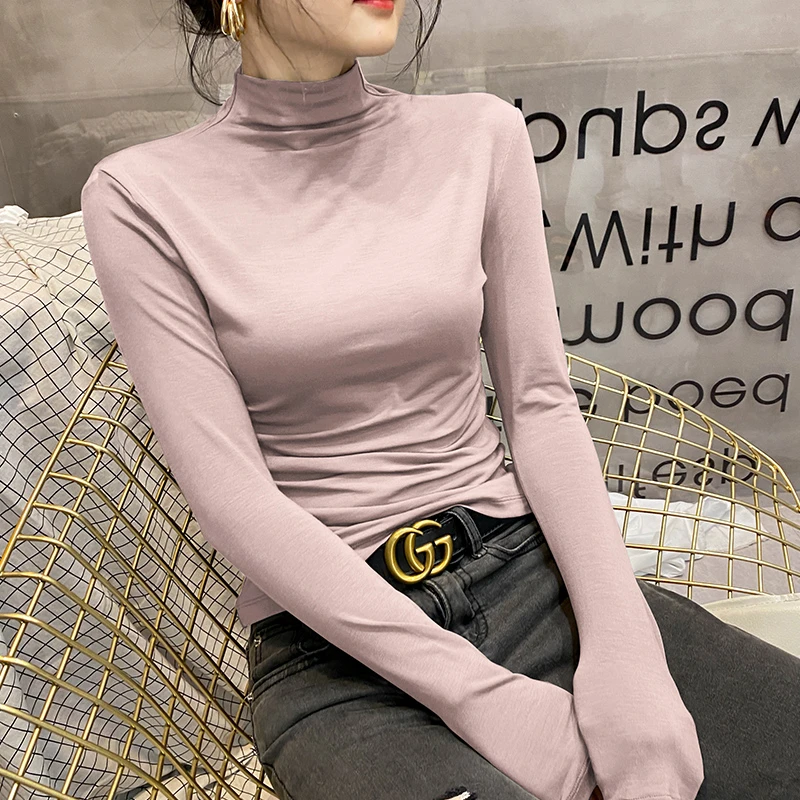 莫代尔半高领长袖打底衫女2024春秋冬新款修身内搭高级感洋气上衣