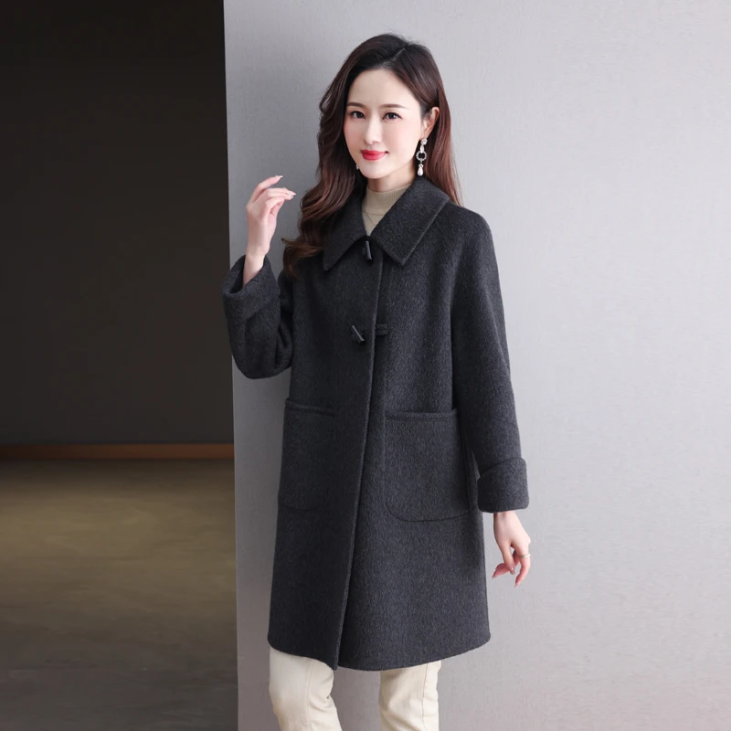 韩版酒红洋气双面呢大衣女2024年新款中长款濮院羊毛呢外套8315