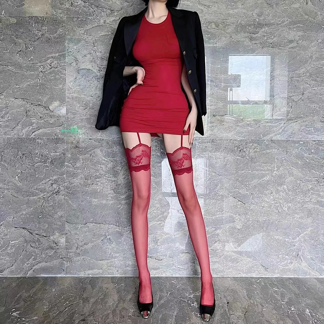 2024新款花边过膝爆款吊带丝袜薄款红色长筒吊带袜红丝袜长筒袜