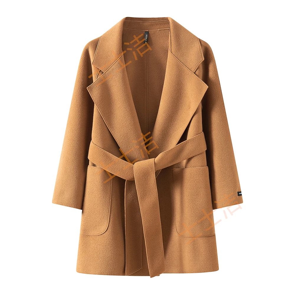 秋冬中长款春季新款腰带款西装领双面呢大衣纯色呢子毛呢外套