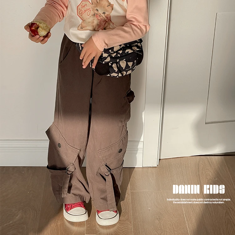 【嗒囜】女童春季时尚百搭宽松工装裤中大童直筒设计感休闲裤241505