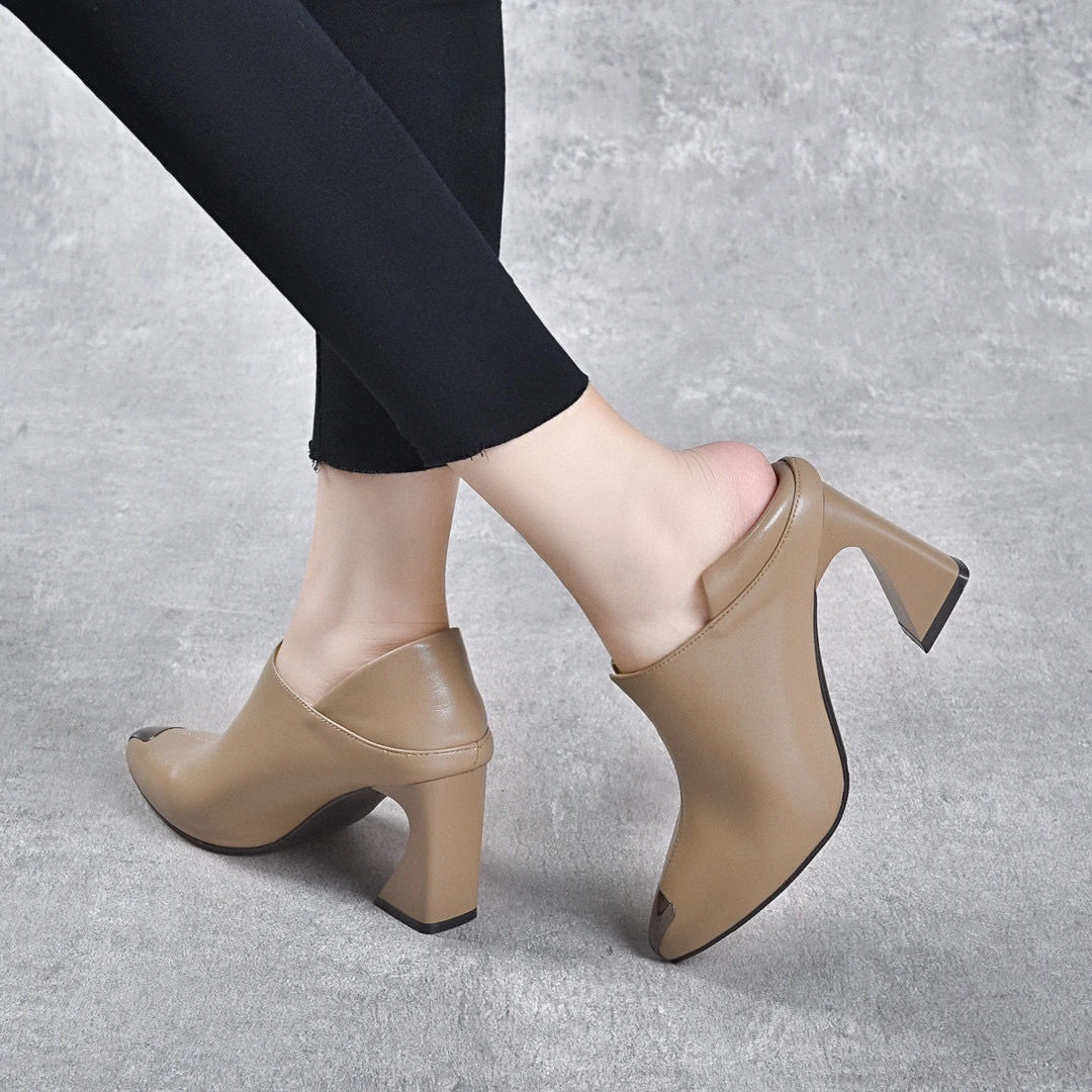 新款中跟粗跟牛皮高跟尖头时尚单鞋跟鞋百搭气质秋季春秋舒适女鞋