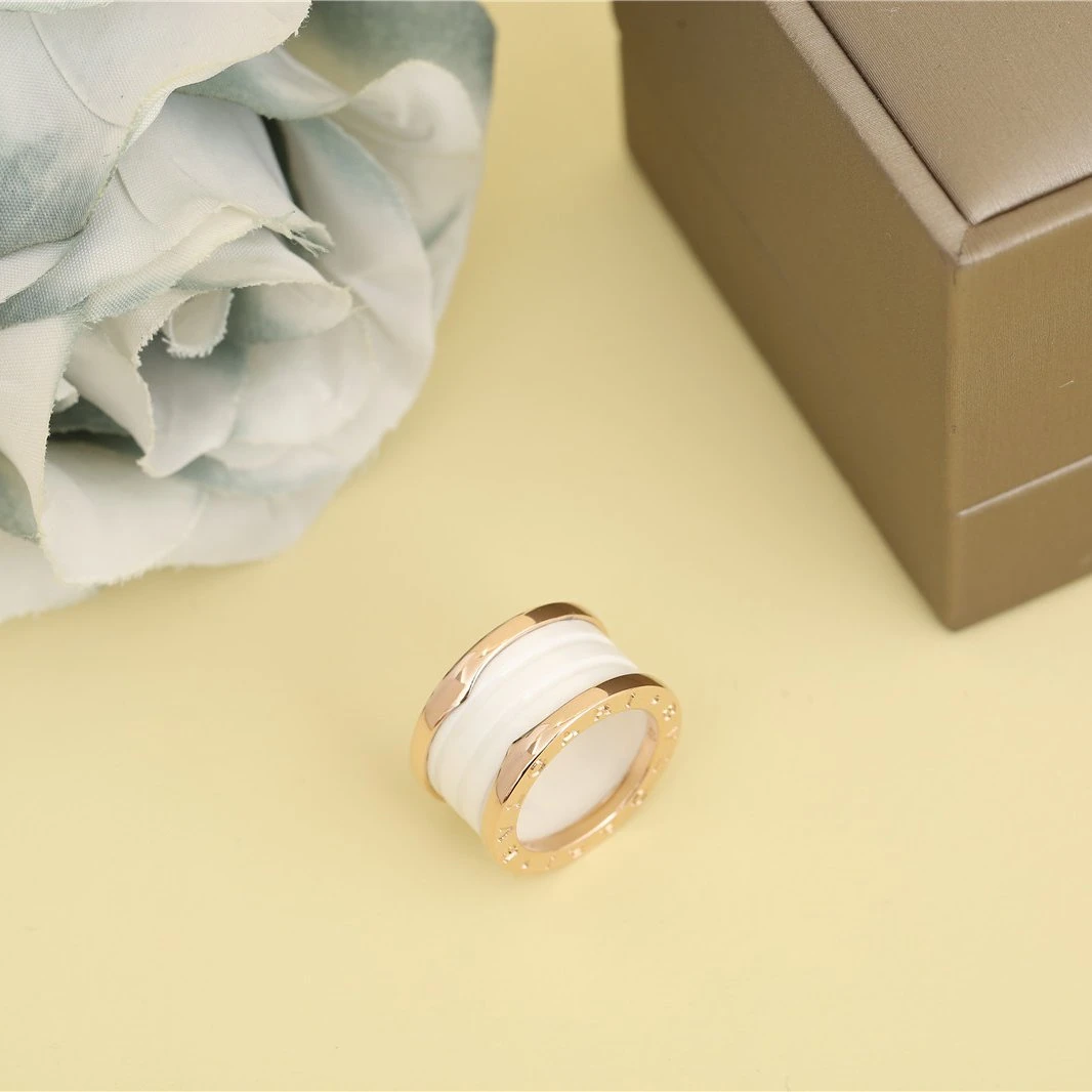 99新 BVLGARI/宝格丽 久久 金属白陶瓷弹簧三圈戒指 49 玫瑰金