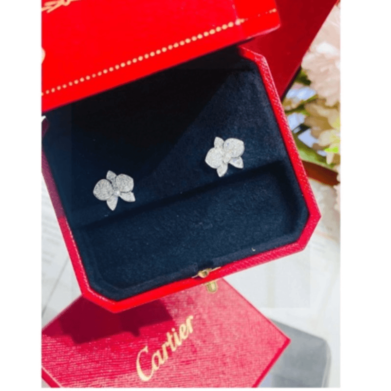 99新 Cartier/卡地亚 久久 满钻蝴蝶兰花耳钉 18k 白金