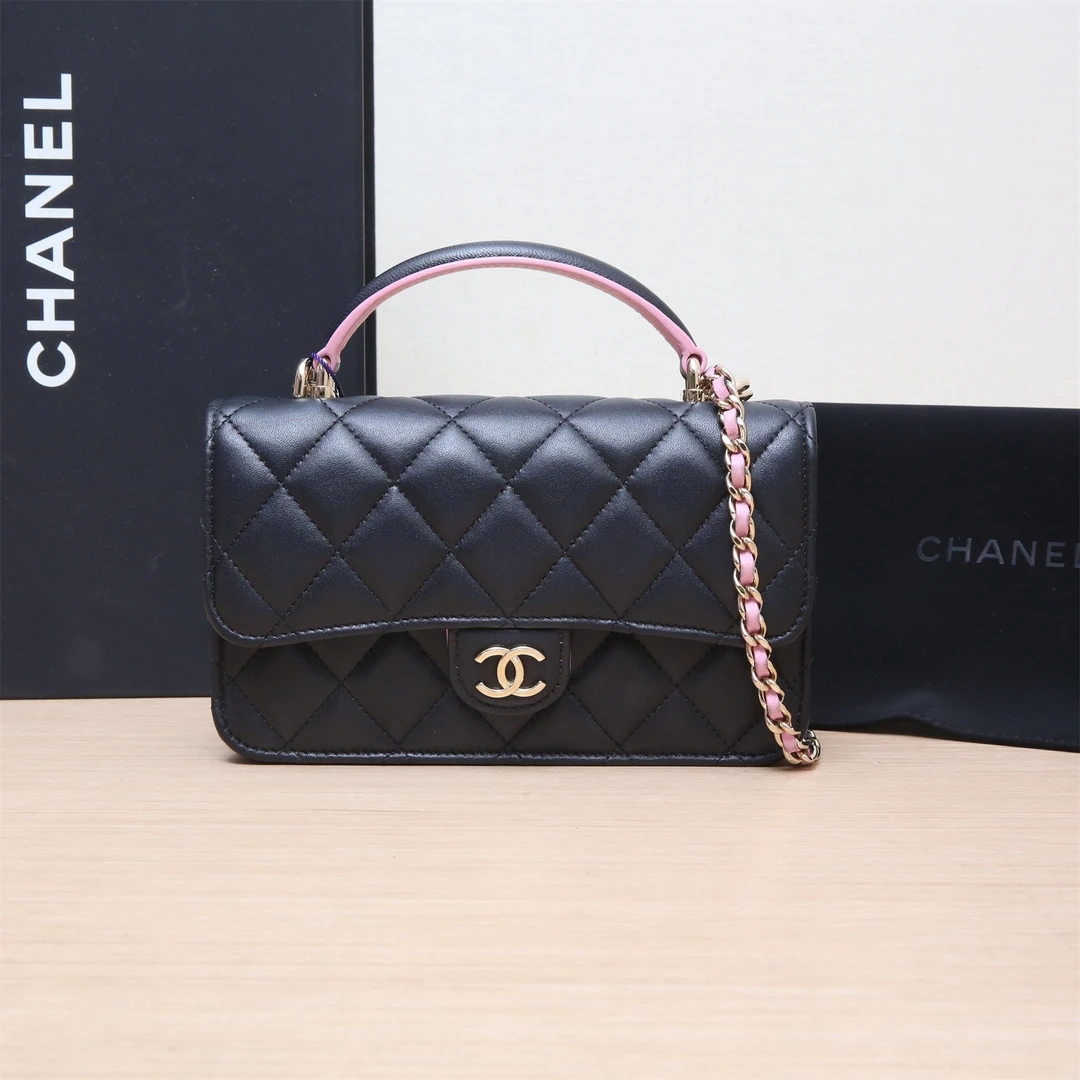 99新 Chanel/香奈儿 小花璐璐P214557145 23P 手提WOC 粉黑皮手柄
