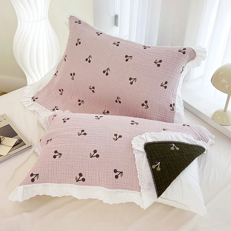 【京かわ会社】全棉五层纱布枕巾 泡泡纱镂空荷叶边 53*85cm