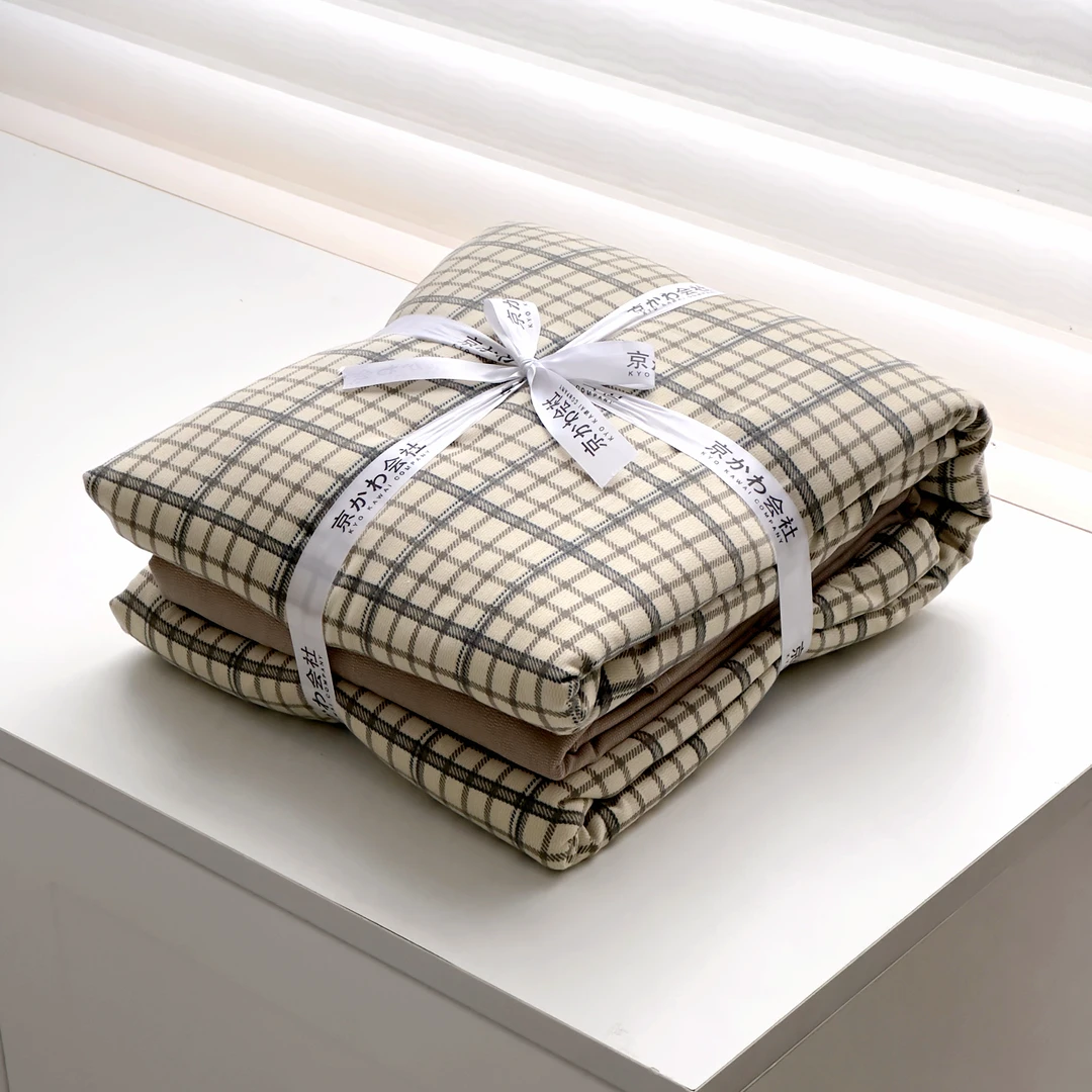 【京かわ会社】双层纱磨毛四件套灰小格