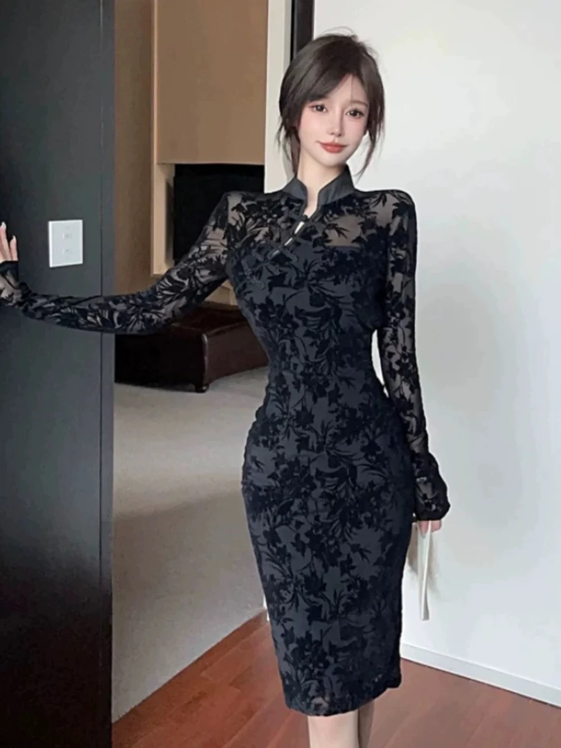 潮流重工植绒显瘦收腰改良国风旗袍连衣裙