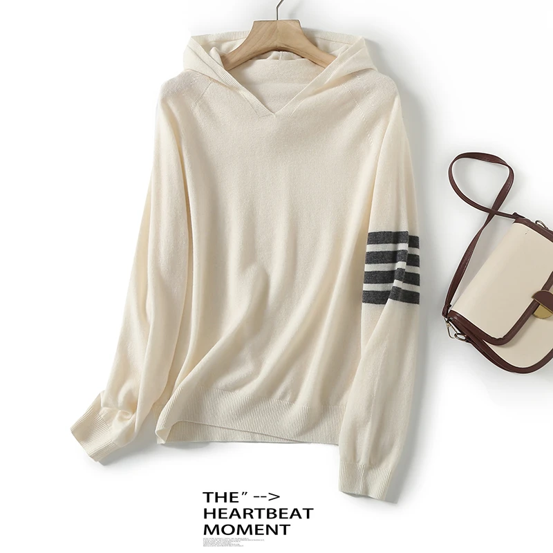 【潘妮严选】女士新款全羊毛连帽条纹针织衫秋冬长袖羊毛衫BN162