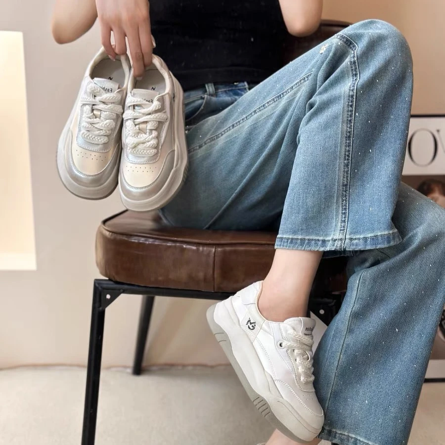真皮小白鞋女2024新款圆头运动百搭休闲鞋春秋拼色系带时尚旅游鞋