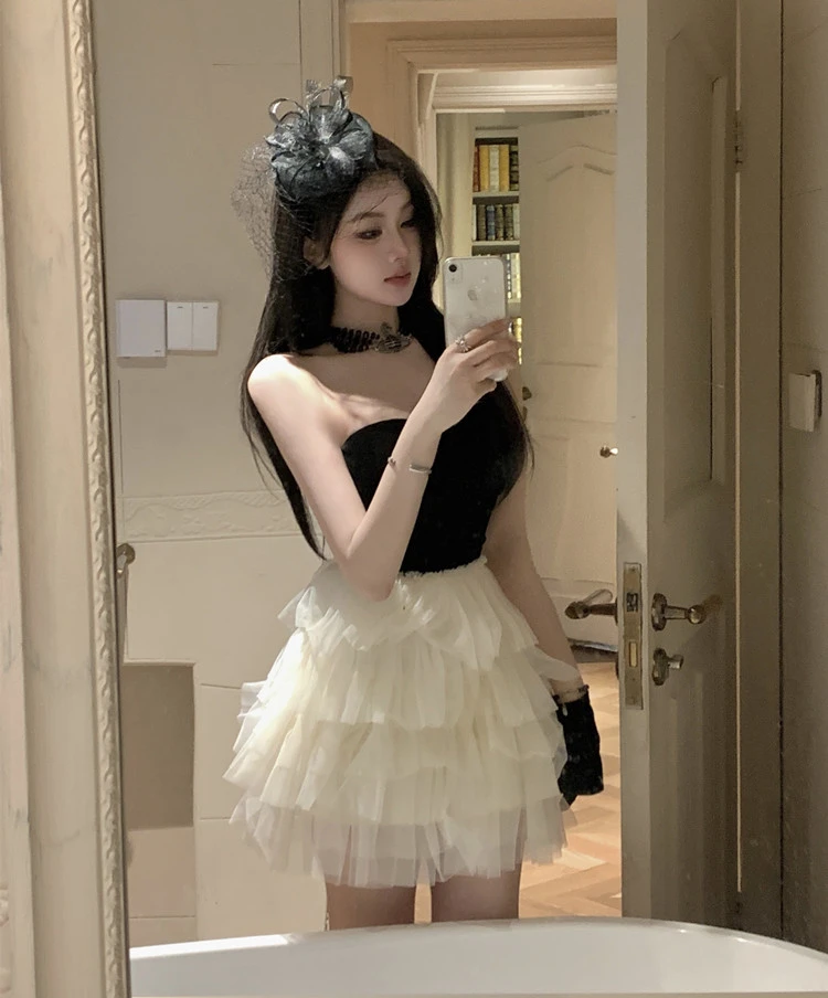 法式在逃公主生日party聚会抹胸性感一字肩蓬蓬小礼服连衣裙女仙