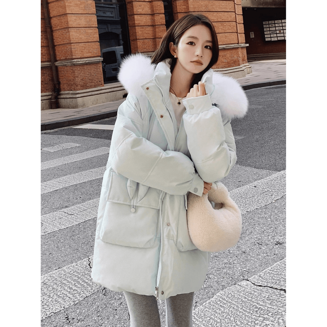 奶蓝色面包服服女2023年冬季新款中长款时尚韩版冬季加厚棉衣外套