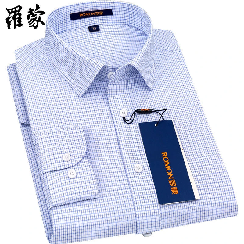 罗蒙高支双股纯棉免烫衬衫男士长袖蓝色细格子商务衬衣中年爸爸装