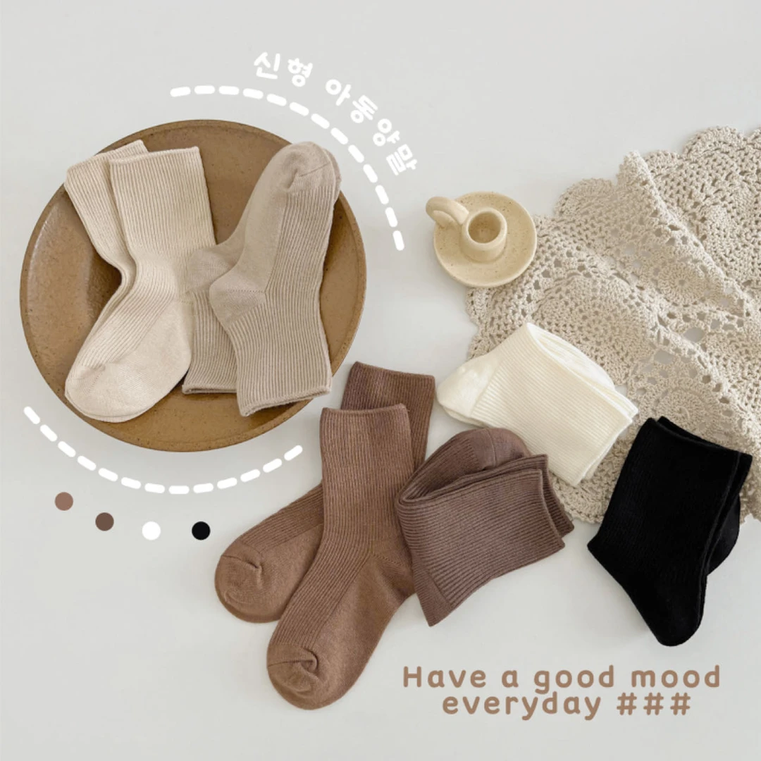 儿童袜子秋冬款加绒女童中筒袜韩系复古纯色男童宝宝秋季堆堆袜潮