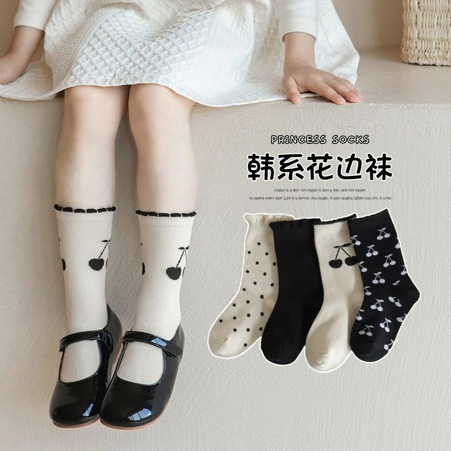女童袜子春秋薄款儿童花边中筒袜韩版ins女宝宝黑白潮袜秋季棉袜
