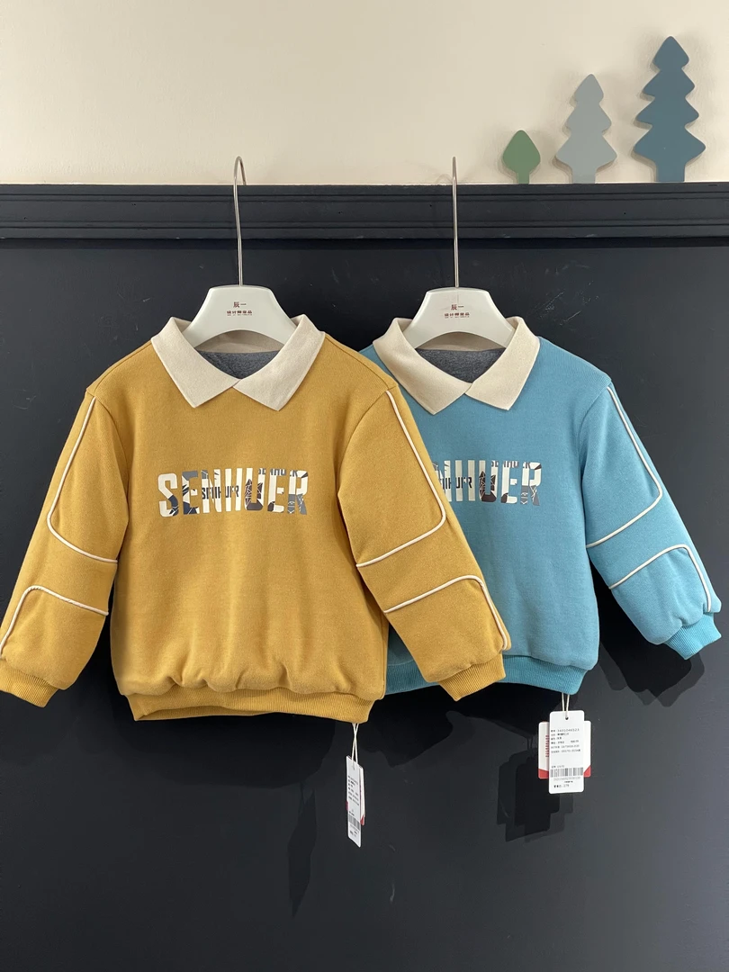 秋冬季小童纯色时尚厚款加棉卫衣带帽加绒扁机翻领套头设计师