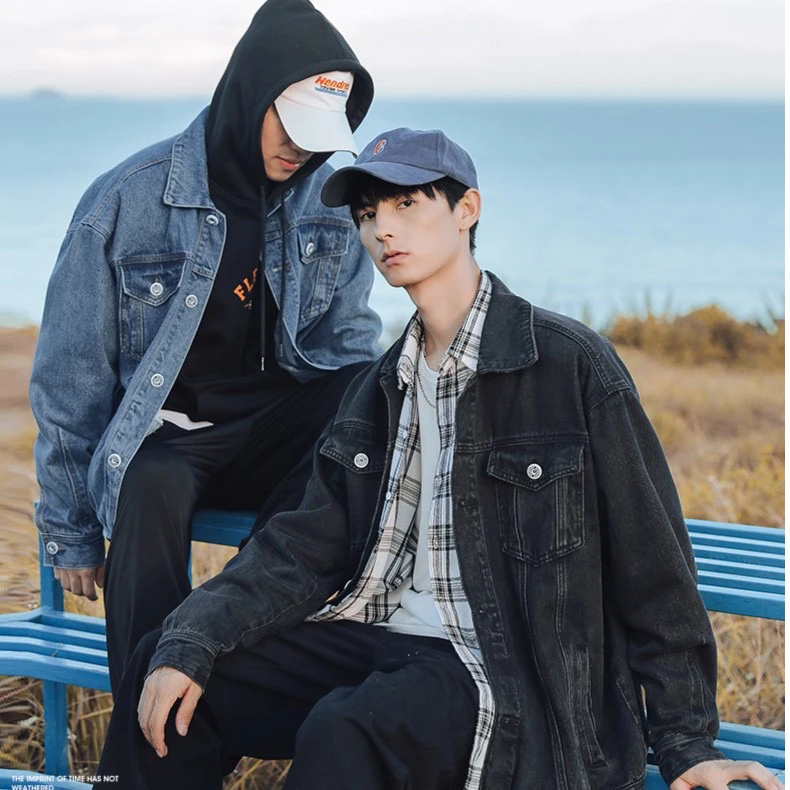 DBQ秋季新款宽松贴标牛仔夹克 休闲工装情侣男韩版男士百搭帅气