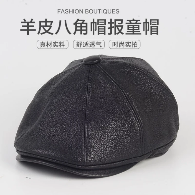 男士真皮山羊皮帽子休闲鸭舌帽秋冬贝雷帽中老年韩版时尚画家帽潮