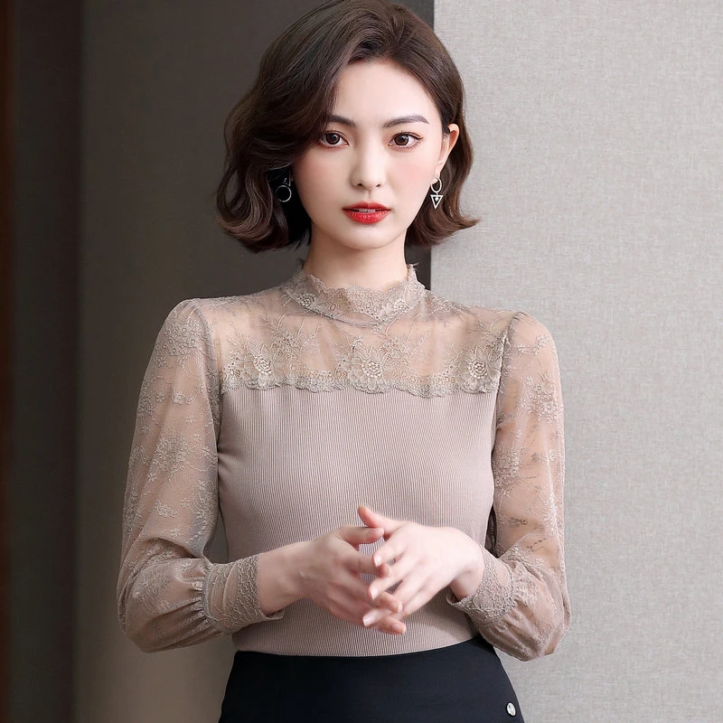 高端小衫长袖灯笼袖上衣设计感蕾丝拼接内搭法式蕾丝打底衫女