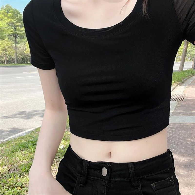 半截网纱打底衫女夏季吊带裙内搭短袖T恤紧身短款蕾丝上衣薄