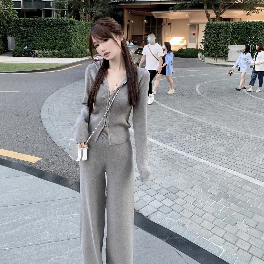 小香风气质名媛炸街辣妹针织套装秋季新款网红女神范阔腿裤两件套