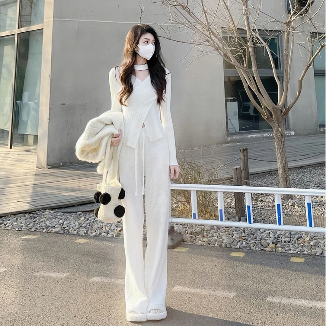 小香风名媛气质不规则挂脖上衣套装春季休闲直筒阔腿裤针织两件套