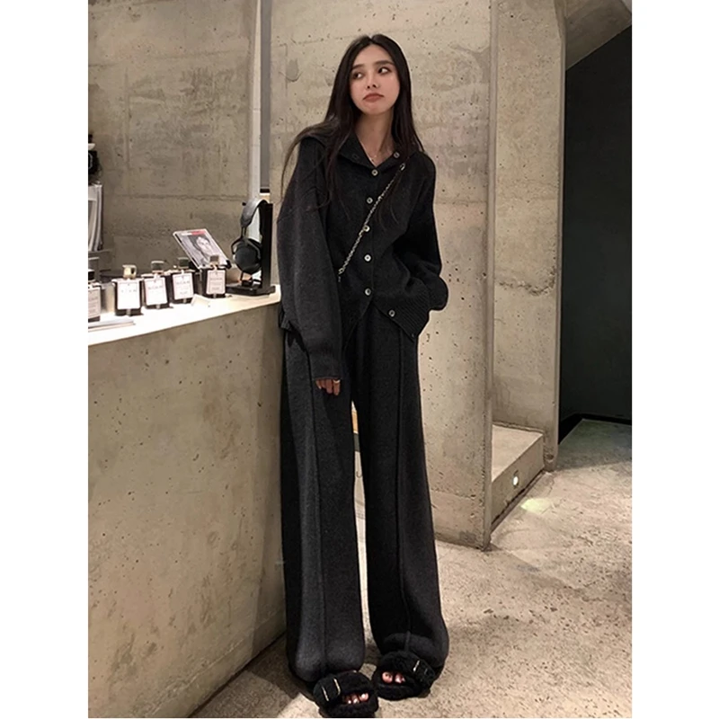 慵懒风复古加厚高领单排扣毛衣套装秋冬新款洋气时尚阔腿裤两件套