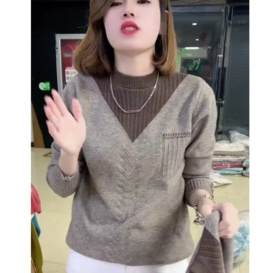 秋冬新款半高领假两件毛衣长袖针织衫显瘦时尚百搭加厚拼接套头潮