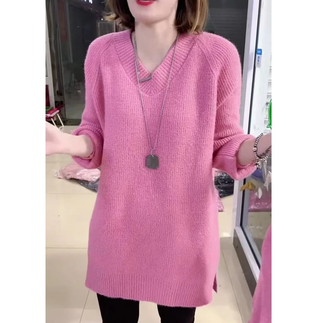 冬季新款V领亮闪简约慵懒风中长款打底衫女秋冬保暖气质毛衣针织