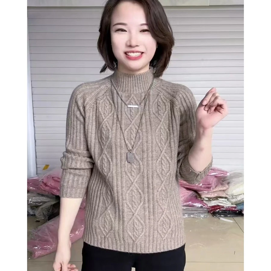 新款秋冬半高领麻花毛衣加厚款百搭套头针织衫打底洋气时尚保暖潮
