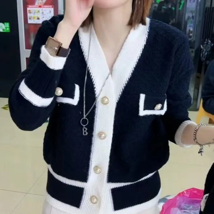 小香风开衫针织毛衣气质秋冬显瘦长袖百搭撞色时尚洋气休闲百搭