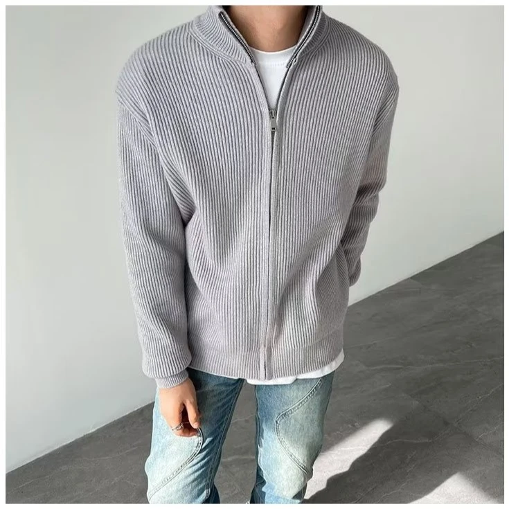 NT拉链针织开衫外套秋冬季加厚高级感风春外穿立领慵懒高领毛衣男