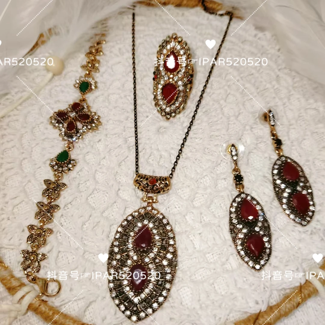 铜合金亚克力吊坠 红色长款波西米亚风格夏古项链耳环戒指手链