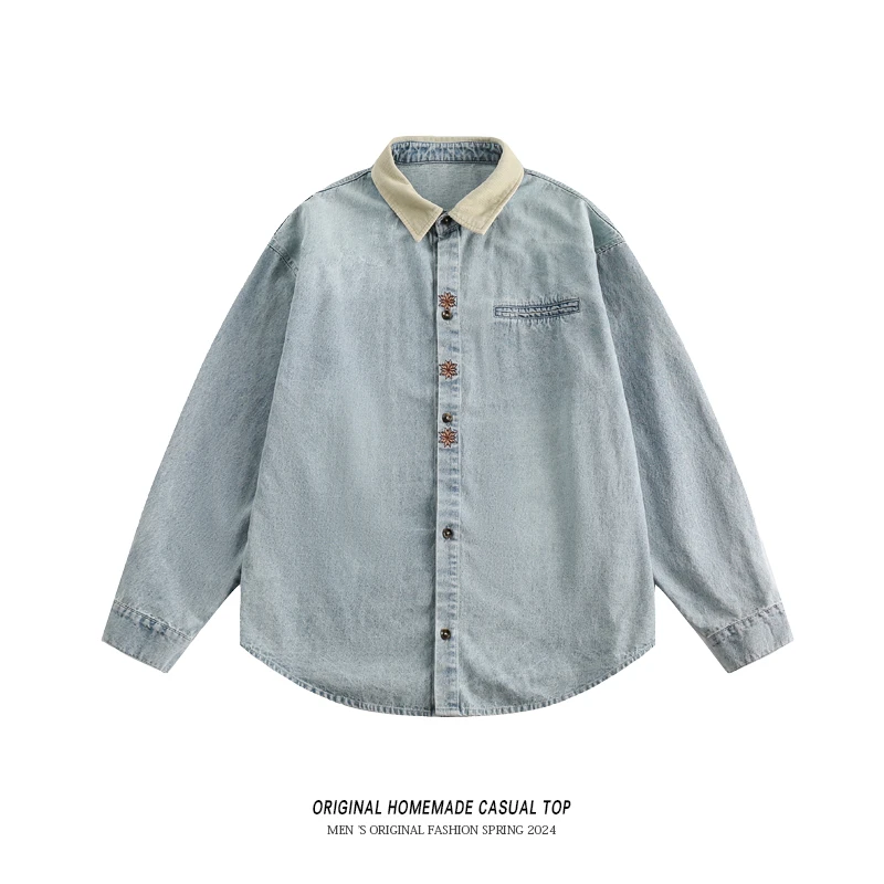 WTEB复古长袖衬衫男春季情侣款水洗做旧翻领上衣街头百搭休闲衬衣